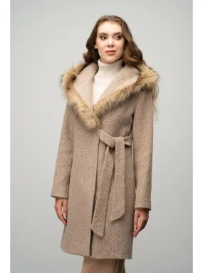Beige - Hooded collar - Coat