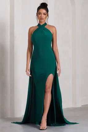Intertwined | Robe longue fendue à dos nu et col licou vert bouteille avec écharpe
