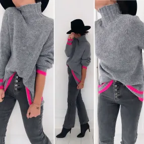 Pull col cheminé gris/rose