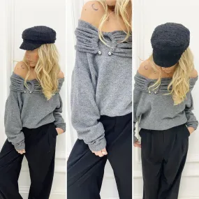 Pull gris col bardot anneau