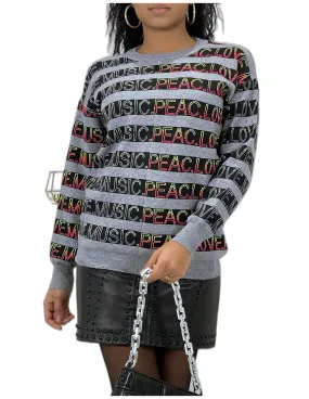 Pull gris à rayures et écritures Music Peach Love col rond et manches longues