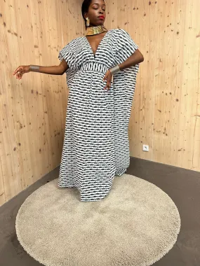 Robe infinity en wax Blanc cassé et noir - Longue Robe convertible africaine