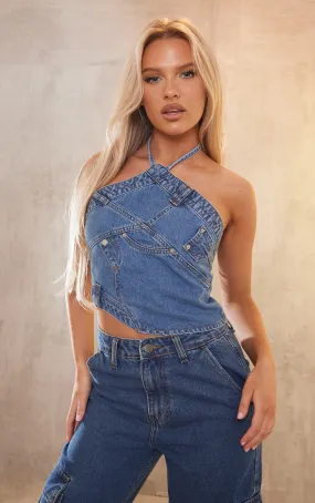 Top en jean bleu moyennement délavé à dos nu